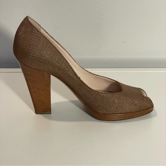 Sergio Rossi Brown Pearlized Linen Fabric Open Toe Heel Slip On Pump  Shoe Sz 36 - Picture 6 of 10